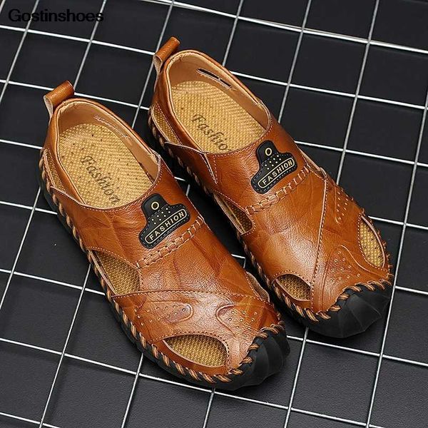 

sandalias de playa men leather sandals large size closed toe genuine leather fashion footwear casual men sandalia masculina, Black