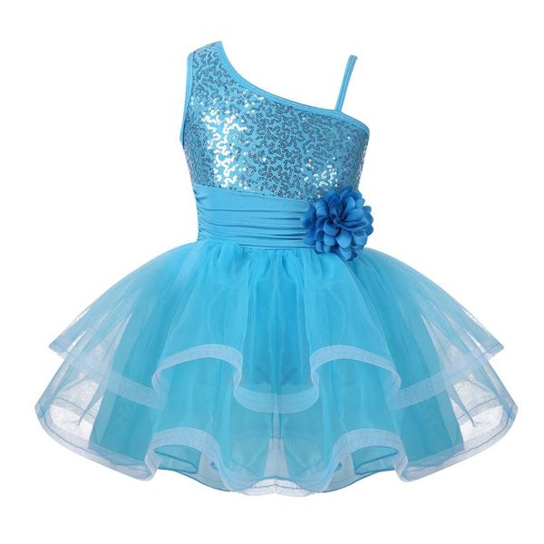 

kids one-shoulder shiny sequins flower dancewear mesh tutu ballet dress girls gymnastics leotard stage performance dance costume, Black;red