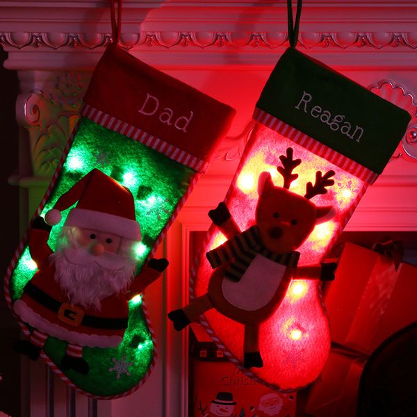 

christmas stocking with lamps santa claus elk snowman kids gift candy bags new year xmas tree home festival hanging decorations