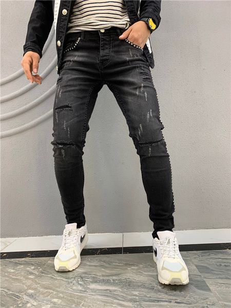

2019 new luxury branddesignerbalmain men denim jeans fashion holes trousers pants biker jeans rock revival jeans4, Blue