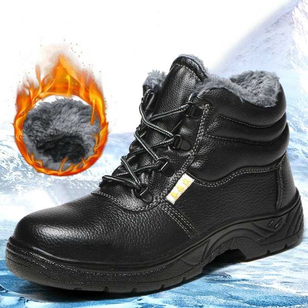 

mens casual warm plush steel toe caps working safety boots winter snow fur worker shoes soft leather security ankle botas zapato, Black
