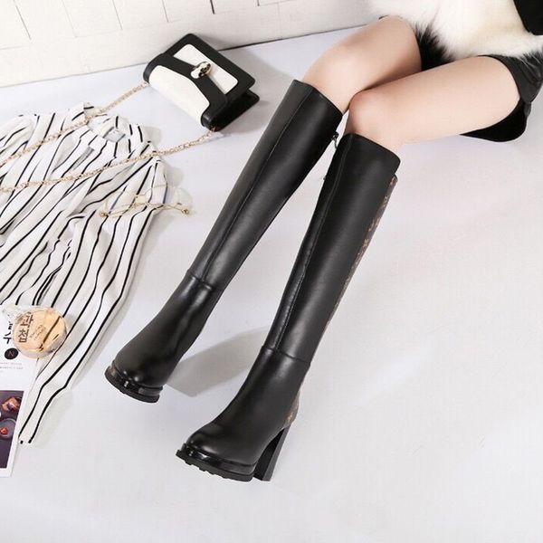 

leather knee boots female 2019 winterand autumn new half barrel high tube with black thick with the knight long boots