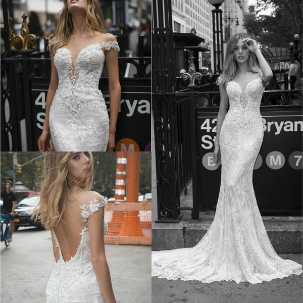 

berta 2019 mermaid wedding dresses lace appliqued beads backless bridal gowns vestido de novia sweep train wedding dress, White