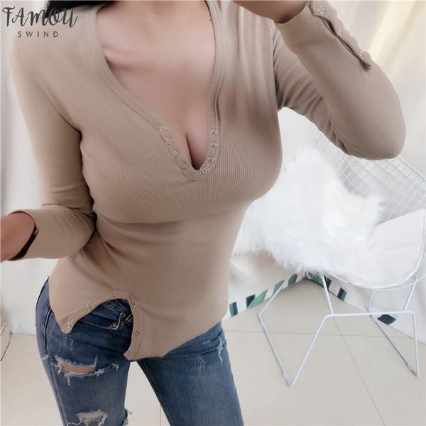 

v neck button tshirt women t shirt autumn t shirt women korean long sleeve vetement femme ropa mujer clothes, White