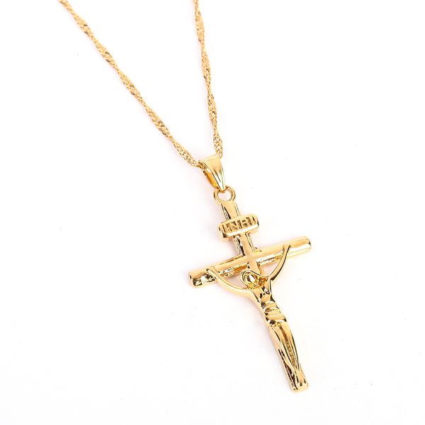 Colar Crucifixo Cor de Ouro 24K Corrente Cruz Masculina com Pingente Feminino Jesus Jóias Cheias de Ouro Amarelo