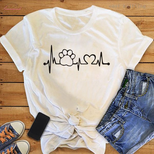 

heartbeat lifeline dog cat foot women tshirt halajuku casual short funny t shirt for lady girl tees hipster drop shipping, White