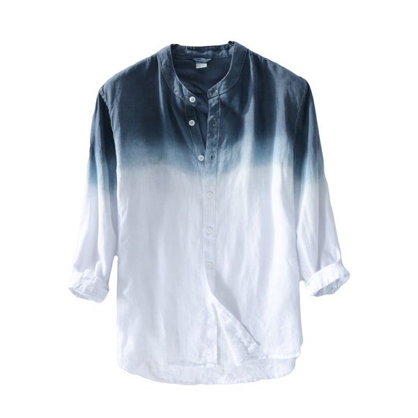

linen men shirt new personality japanese fresh gradient three quater sleeve flax shirt men standing collar cool breathable, White;black
