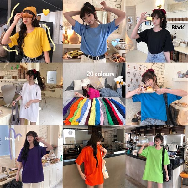 

medium and long short-sleeved t- female 2020 base loose shirt shirt inside solid color ins fashion, White
