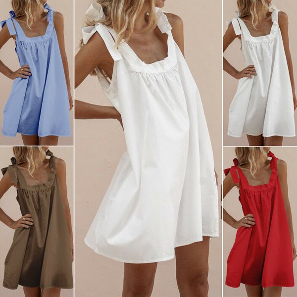 

women summer sleeveless boho beach mini dresses ladies casual party solid loose a-line dress, Black;gray