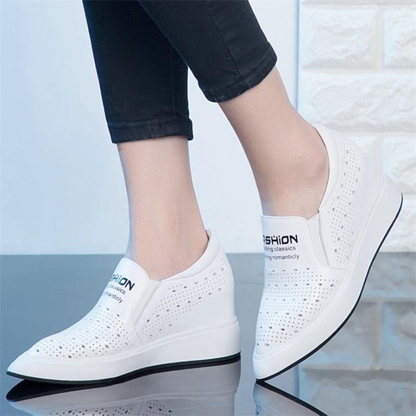 

summer loafers women cow leather wedges high heel pointed toe gladiator sandals female breathable sneakers casual travel shoes, Black