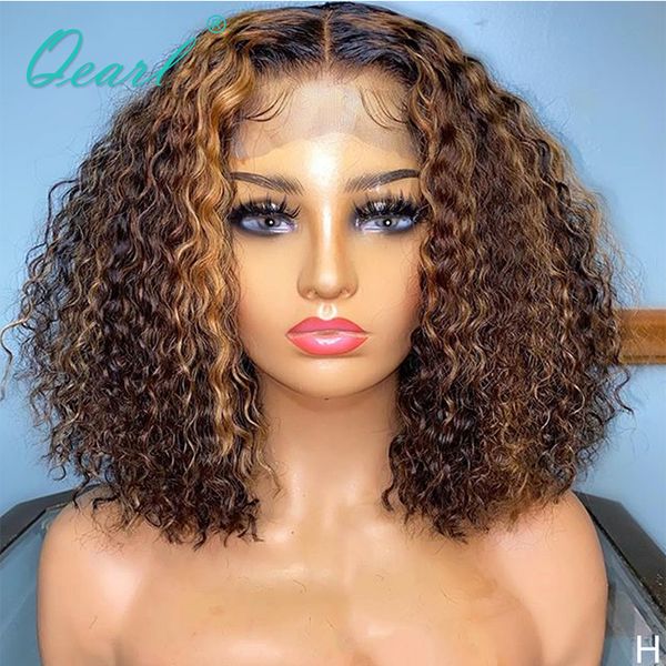 

highlights color curly human hair short lace front wig 180% density malaysian remy hair 13x4 middle part ombre wigs qearl, Black;brown
