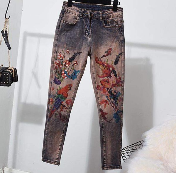 

plus size 26-333d woman flower jean stretch pattern painted jeans female women's stretch skinny jeans girls vintage fabric pants, Blue