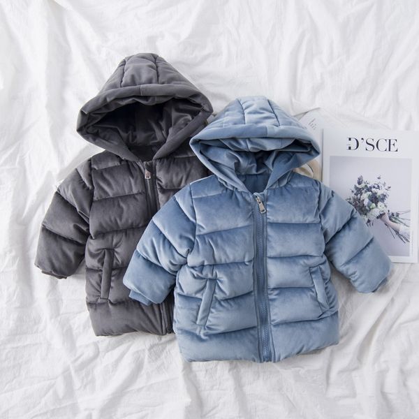 

solid winter velvet coat children boys and girls winter clothes down cotton outerwear hooded coat, Blue;gray