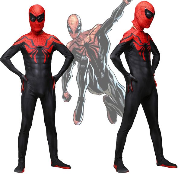 

and kids superior spider man peter parker cosplay costume zentai pattern bodysuit suit jumpsuits, Black;red