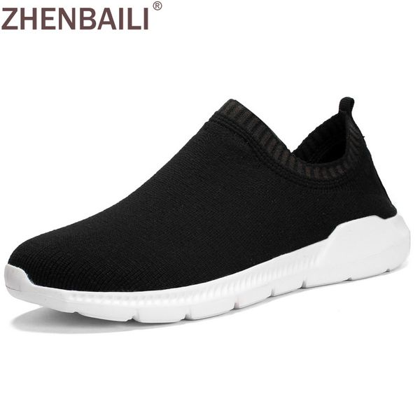 

zhenbaili size 39-46 men sneakers 2019 autumn breathable lightweight mesh knit sock shoes slip on flat casual walking trainers, Black