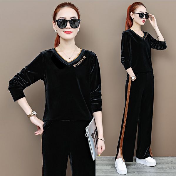 

autumn women sportswear tracksuit velvet vneck loose sweatshirt wide leg pant running jogger fitness gym casual set sport suit, Black;blue