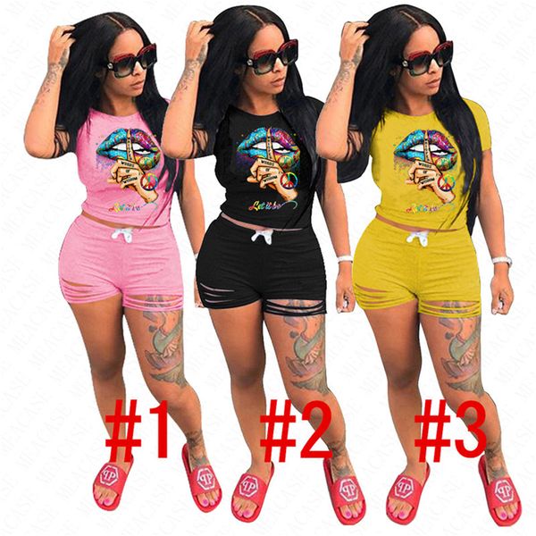

women tracksuit letters lips pattern t-shirt and ruffle hole shorts sets summer outfits two piece clothing streewear d62908, White