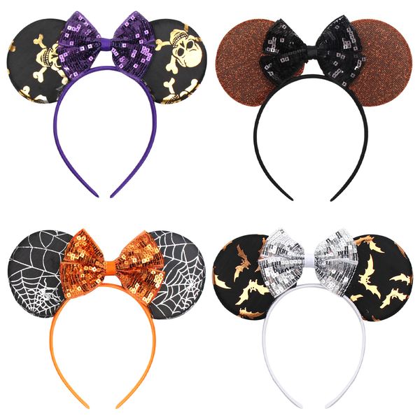 

halloween little mouse ears headband for girls printed sequin bow hairband hair hoop dance party children hair accessories wholesale, Black;brown