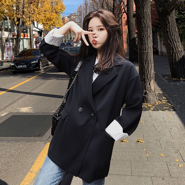 

women's suits & blazers vintage korean ladies blazer solid black casual loose suit jacket stylish giubbotto donna simple office women, White;black