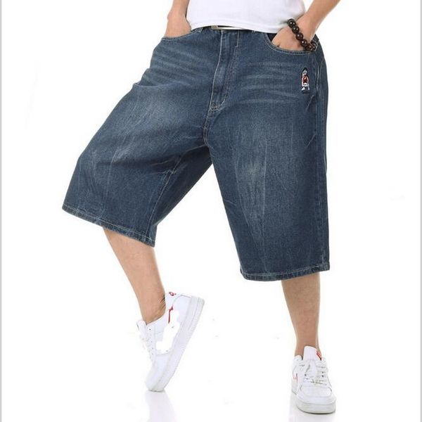 

vxo summer mens retro cargo denim shorts vintage acid washed faded short jeans for men hiphop harlan straight loose man jeans, Blue
