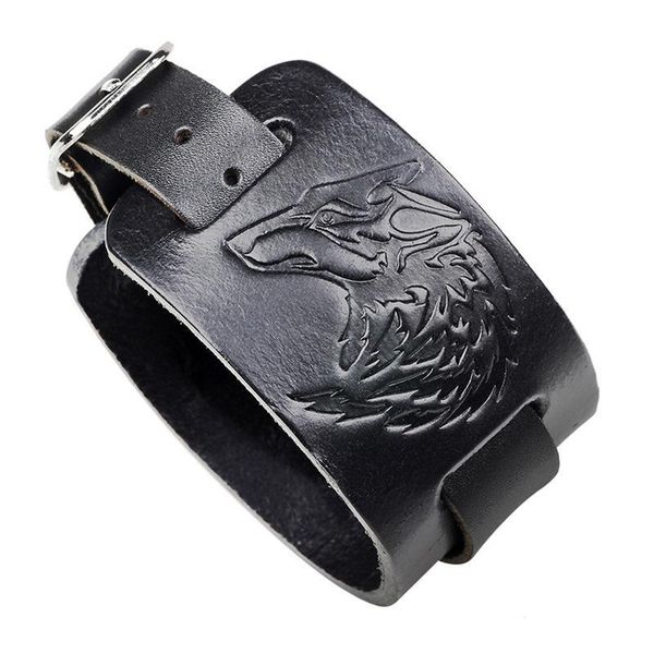 

isinyee fashion 4cm real genuine leather wolf bracelets for men wrist wrap wide bracelet punk hip hop rock man jewelry, Golden;silver