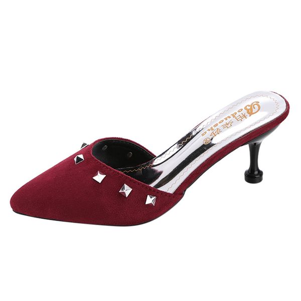 

women fashion casual pointed toe solid outdoor rivet slippers thin heels shoe casual lady rivet slipper for outdoor apr 27, Black