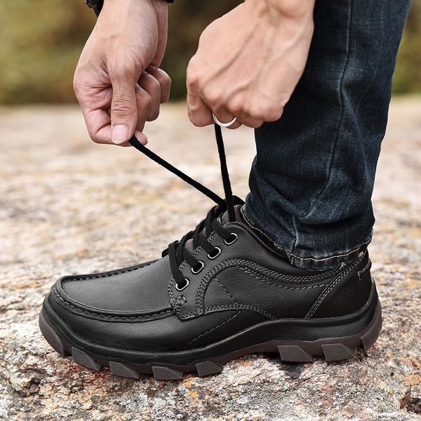 

outdoor hiking shoes men genuine leather shoes men dress nice business classic leather formal footwear, Black