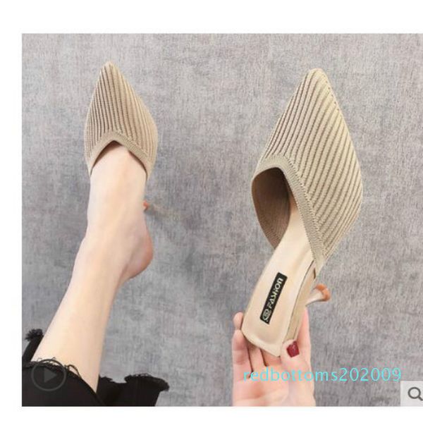 

net burgundy lazy baotou half slippers women wear 2019 summer new knitted stiletto pointed high heel sandals autumn r09, Black