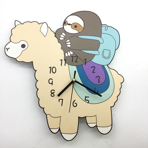 

cartoon alpaca decorative wall clock sticker silent quartz movement display single side children clock wall arabic number