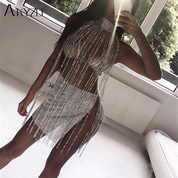 

akyzo 2020 fashion rhinestone tassel long tank women luxury hollow out turtleneck nightclub party show carzy top, White