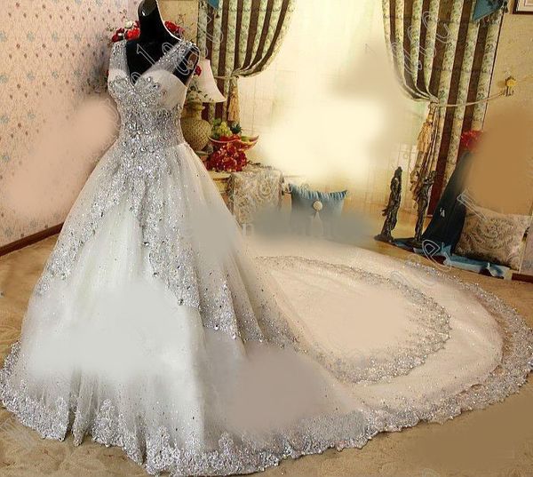 

real gorgeous luxurious appliques wedding dresses a-line crystal cathedral train beaded lace bridal dresses wedding gown, White