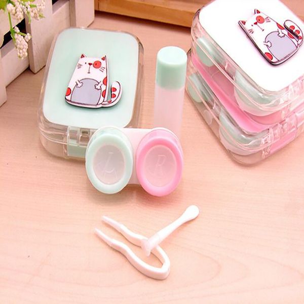

square cute cat travel portable lenses case diy glasses len storage container eyewear kit women girls mirror contact lens box, Silver