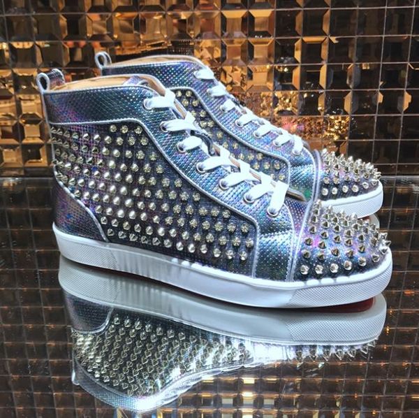 

дизайнер моды обувь кроссовки с красной подошвой обувь high top блеск шипы flats мужчины женщины кожа кроссовки на шнуровке повседневная обу, Black