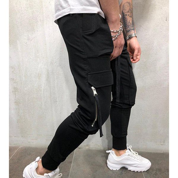

мужские спортивные карманные брюки сплошной цвет спортивный карандаш homme clothing мода осень весна 2020 новая повседневная одежда, Black
