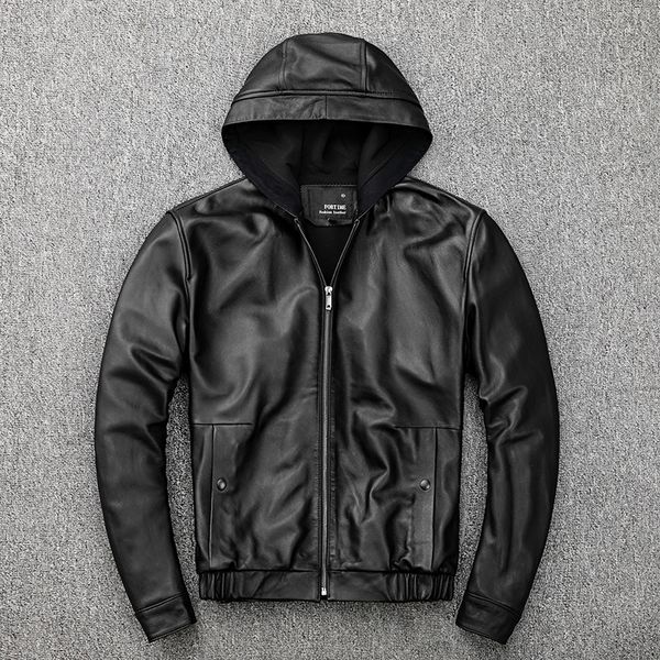 

2019 new men's black hooded jacket casual male vintage flight jacket genuine sheepskin slim fit casual russian leather coats