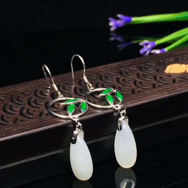 

real 925 стерлингового серебра природа hetian белый нефрит серебро круг с инкрустацией из бамбука листья hook мотаться слезы серьги для женщ, Golden;silver