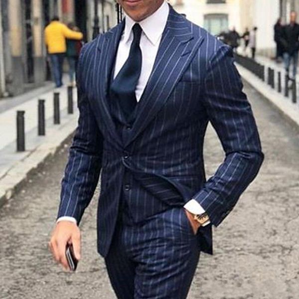 Smoking da sposo alla moda con un bottone e strisce blu scuro, risvolto, uomo, festa di nozze, testimoni dello sposo, 3 pezzi (giacca + pantaloni + gilet + cravatta) K203