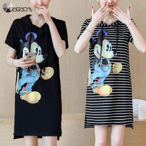 

fashion women summer dress cute cartoon short sleeve hooded casual plus size loose striped party mini dress s-4xl, Black;gray