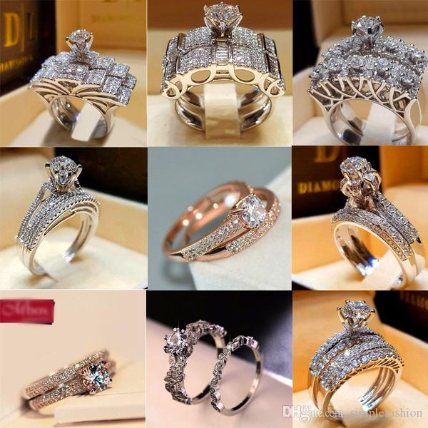 

boho женский алмазный белый круглый кольцо set brand luxury promise 925 обручальное кольцо серебро урожай свадебные обручальные кольца для ж, Slivery;golden