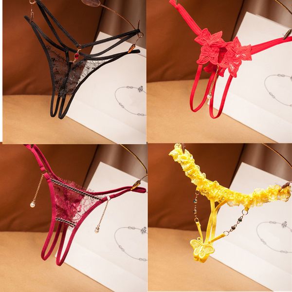 

4pcs/lot lace exotic t-back panties women g-string thongs pearl underwear lingerie high quality, Black;pink