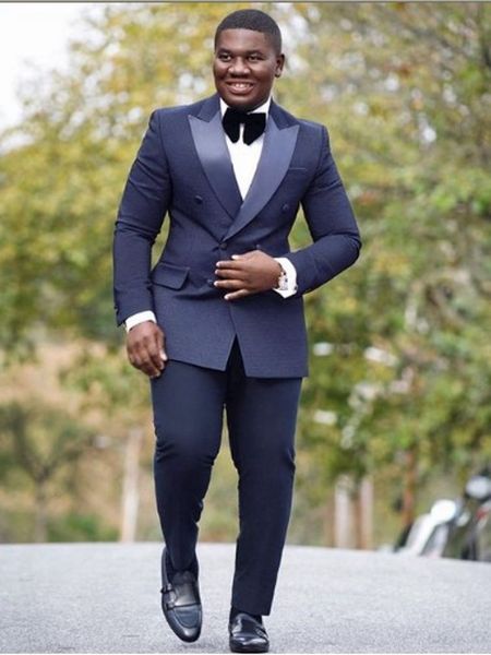 

classic style double-breasted navy blue groom tuxedos peak lapel men suits 2 pieces wedding/prom/dinner blazer (jacket+pants+tie) w782, Black;gray