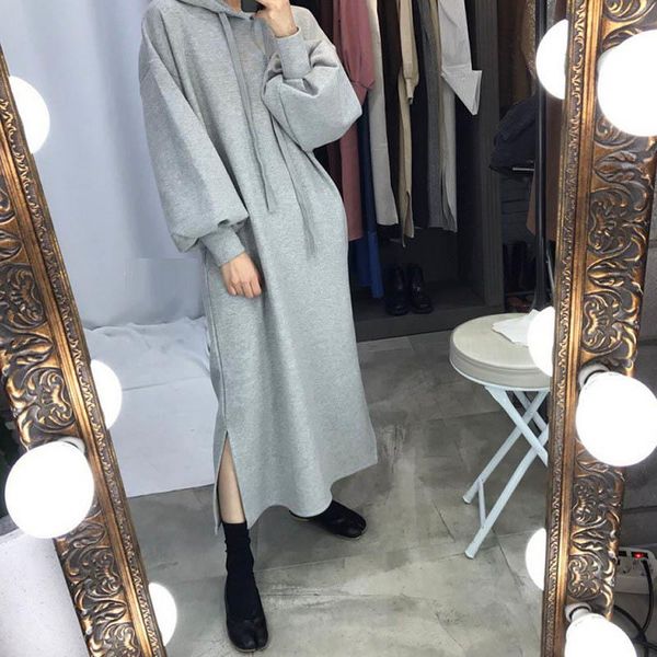 

women korean style solid split dress cotton fashion wild casual hooded long dress female autumn straight, Black;gray