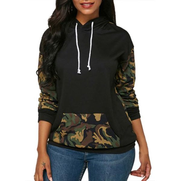 

camouflage printed women pullover hoodie casual warm winter autumn long sleeve loose with pocket, Black