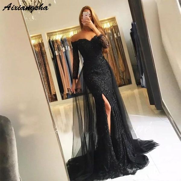 

off the shoulder 2019 evening party dress three quarter sleeve lace mermaid prom dresses with split long prom gowns, White;black