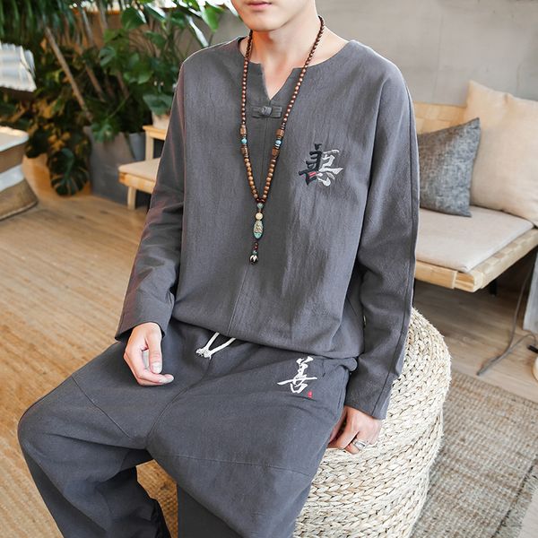 

chinese style hanfu men's sets long sleeve pantsuits cotton linen meditation dress linen set men vintage tang suit youth costume, Gray