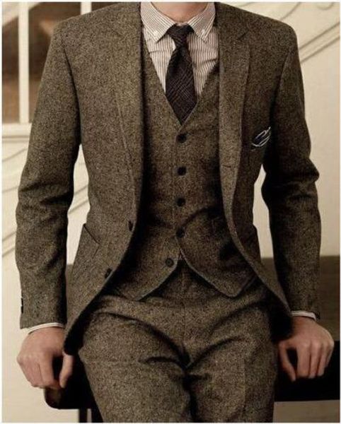 

brown winter tweed fabric man business suits slim fits groom tuxedos men prom party coat waistcoat trousers sets, White;black