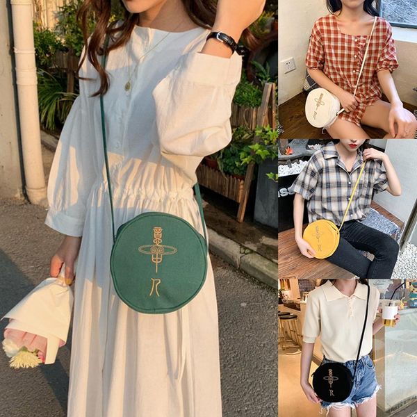 

banabanma women girl summer all-match cute embroidery round canvas single-shoulder bag