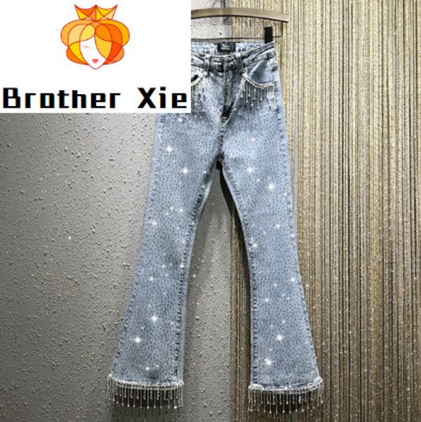 

man-made diamond beads tassels boot-cut jeans women's 2020 spring and summer new elasticity slim fit capri pants flare jeans, Blue