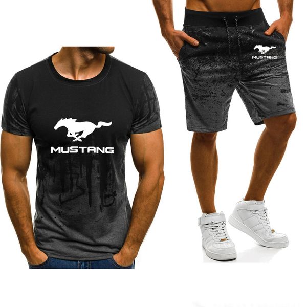 

men's t-shirt shorts suit mustang car logo summer gradient short sleeve cotton men's t-shirt shorts 2 piece suit, Gray