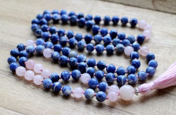 

108 mala beads necklace sodalite and rosequartz knotted necklace tassel necklaces prayer necklaces yoga mala meditation beads, Silver